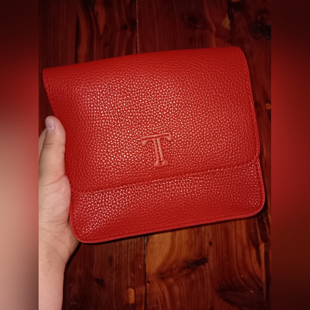 Red Pebbled Mini Crossbody Bag with Embossed 'T'